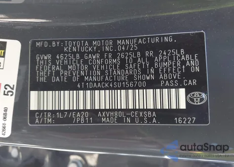 2025 Toyota Camry Se z USA, uszkodzony, nr VIN 4T1DAACK4SU156700